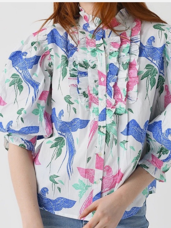 Oliphant Tops - Oliphant White Blouse with Blue, Pink & Green Parrot Print